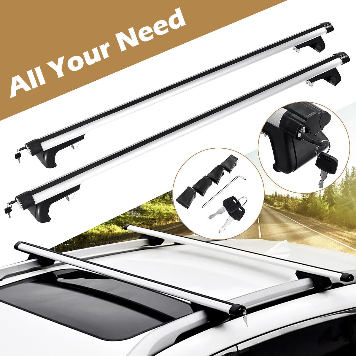 125CM Universal Adjustable Aluminum Alloy Car Roof Rack Cross Bars Carrier Lock