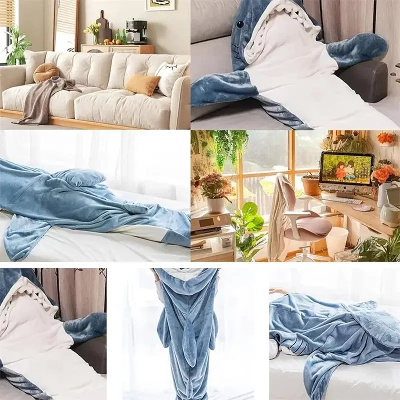 1pc New Shark Blanket For Adult and children  Wearable Winter Warm Blanket Hooded Playsuit Onesie Funny Sleeping Bag For Slumber Party - Snuggle Sharkle.