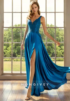 A-Line V-Neck Sleeveless With Side Slit Mother of the Bride Dress