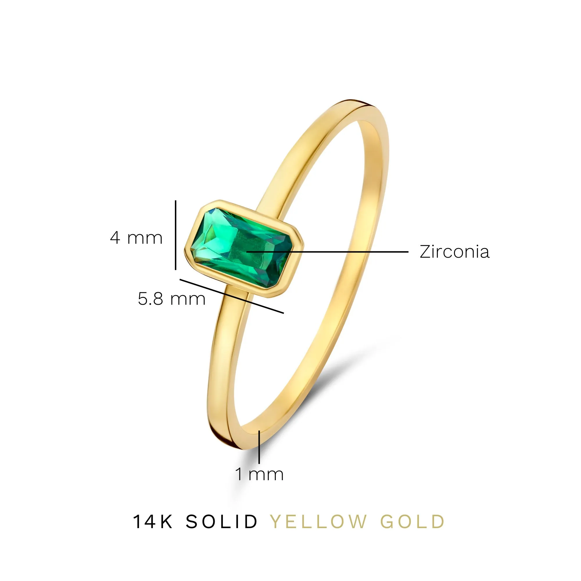 Baguette Olivia 14 karat gold ring with green zirconia