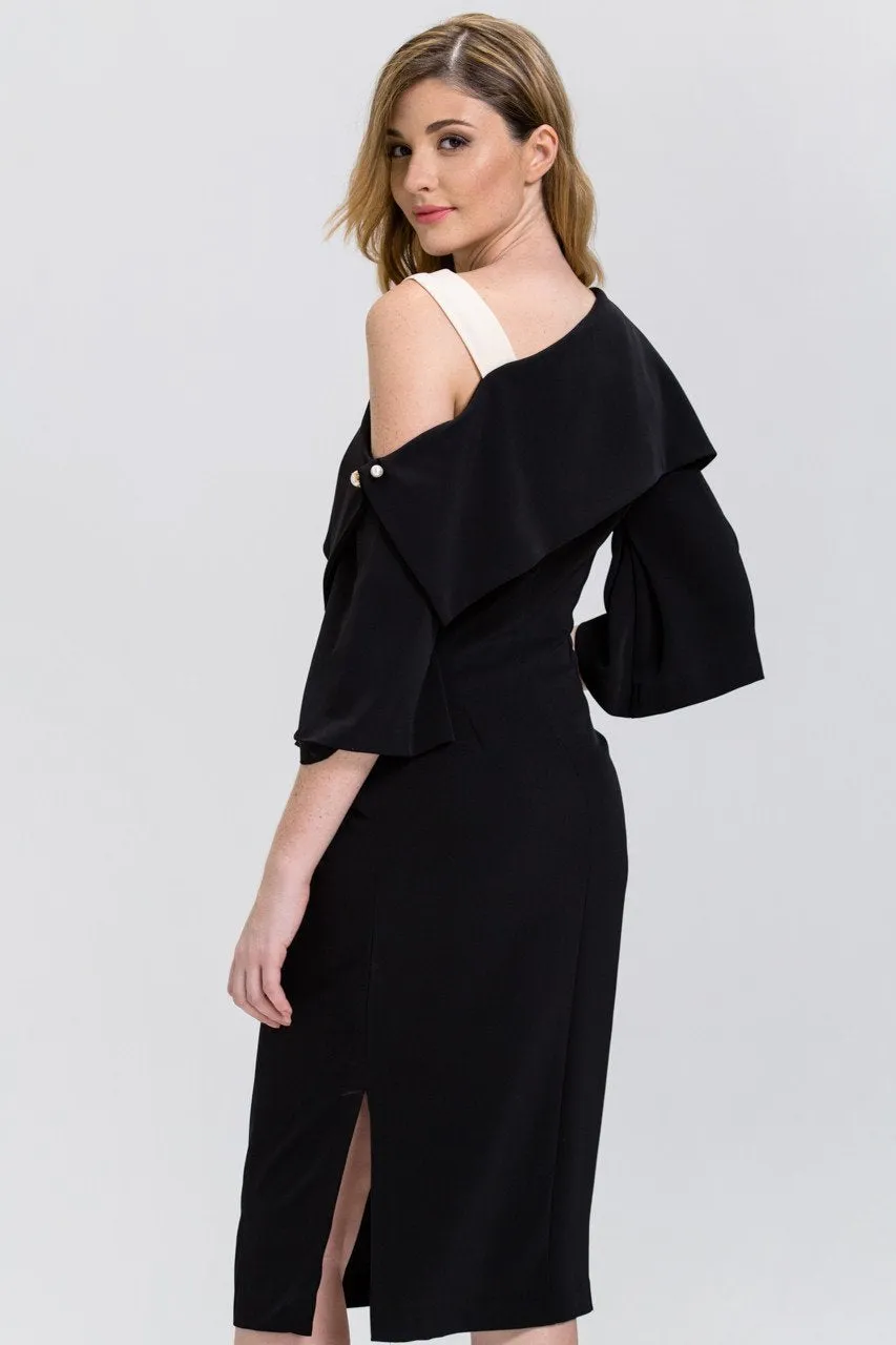 Black Asymmetric Pearl Pin Midi Dress