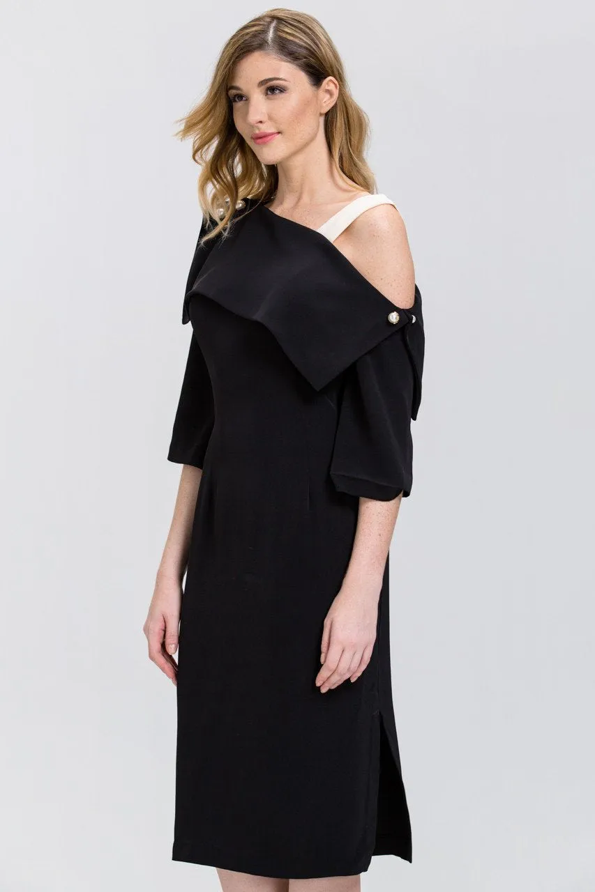 Black Asymmetric Pearl Pin Midi Dress