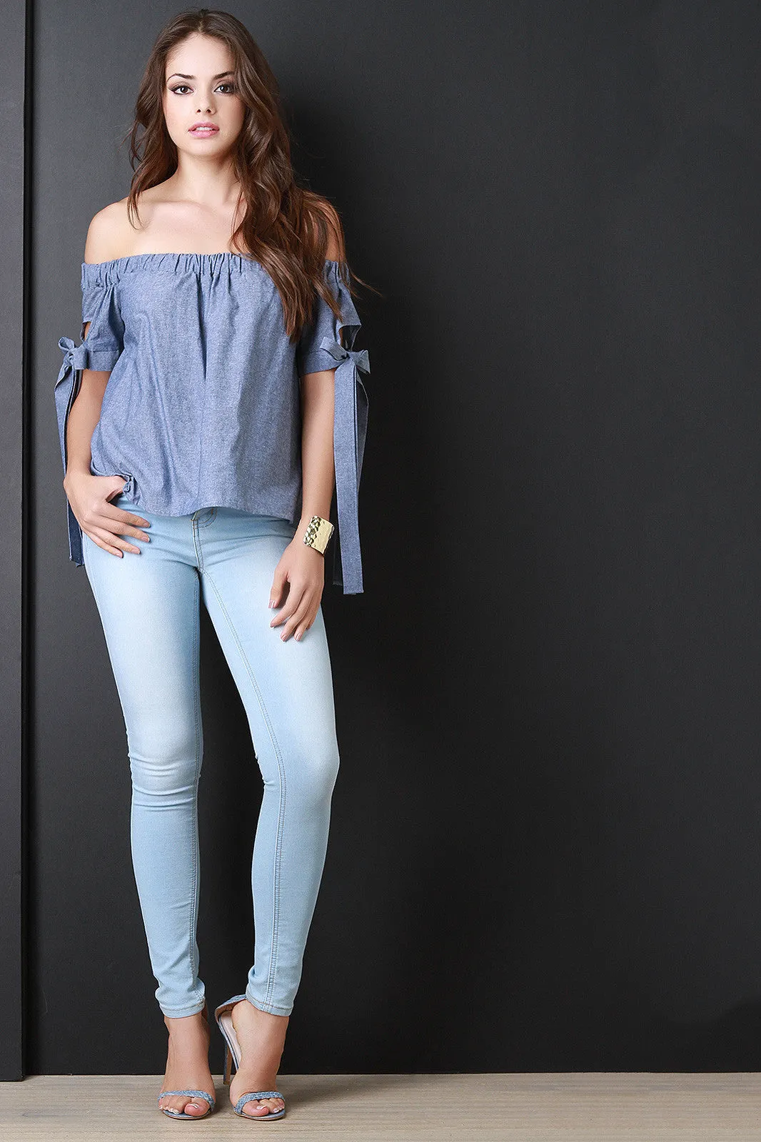 Chambray Self-Tie Bow Sleeves Bardot Top