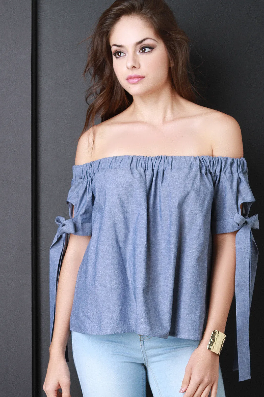 Chambray Self-Tie Bow Sleeves Bardot Top