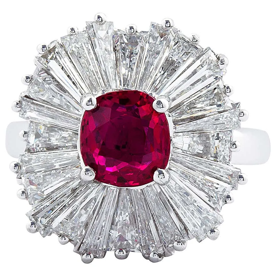 Cushion Cut Ruby Diamond Ballerina Ring 1.86 Carat