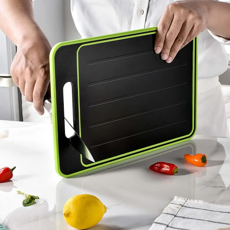 Double-sided cutting board with defrost function and knife sharpener