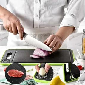 Double-sided cutting board with defrost function and knife sharpener