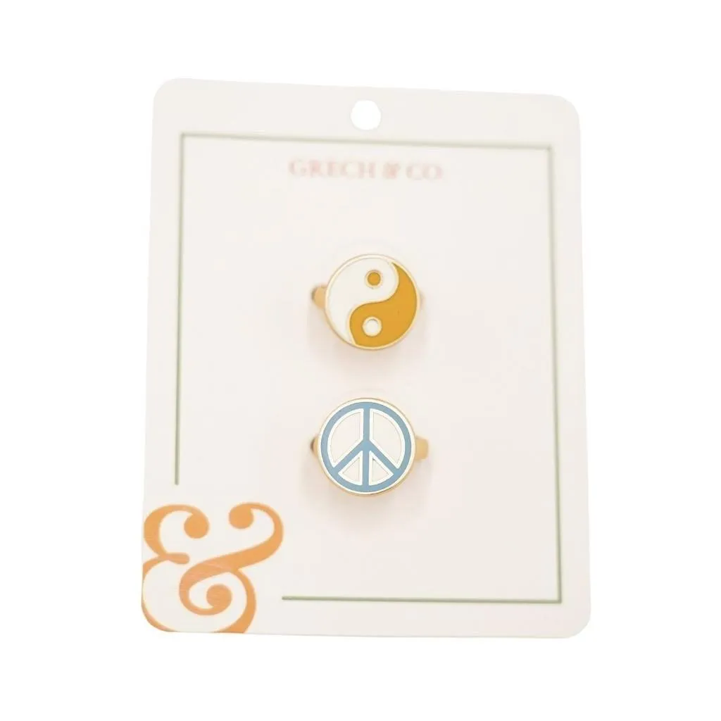 Enamel Rings-Kids set of 2 pairs - Ying Yang Peace sign