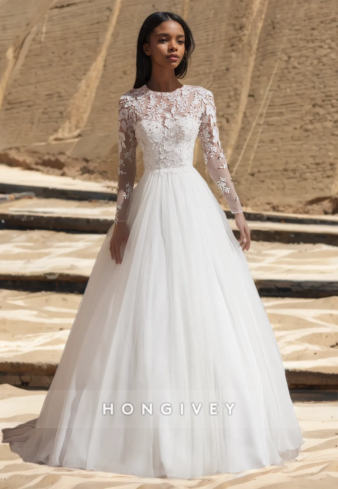 Fancy A-Line O Neck Long Wedding Dress with Long Sleeves Lace Floor Length Backless Bridal Gown