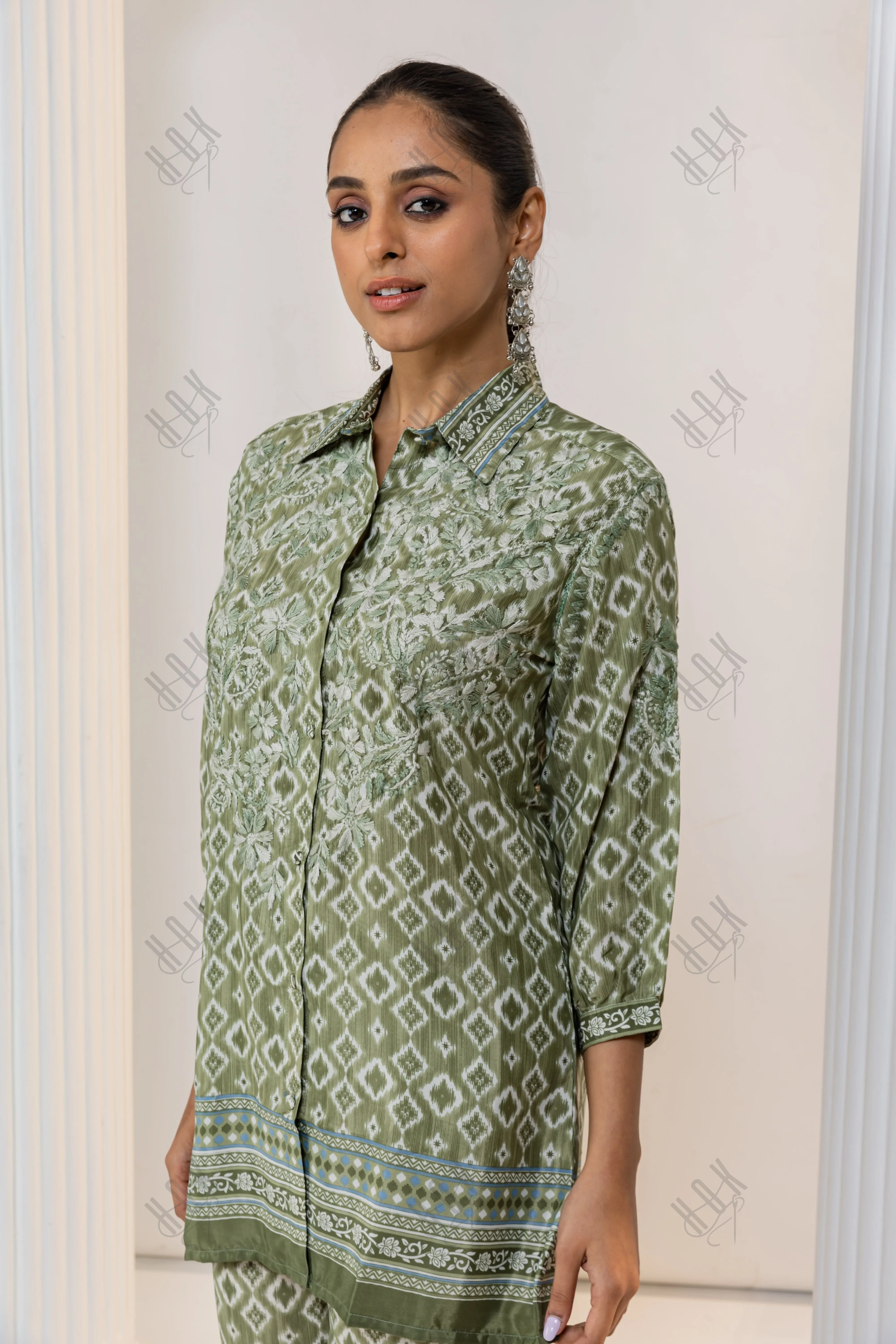 Fizaa Green Silk Print Set with White Hand Embroidery