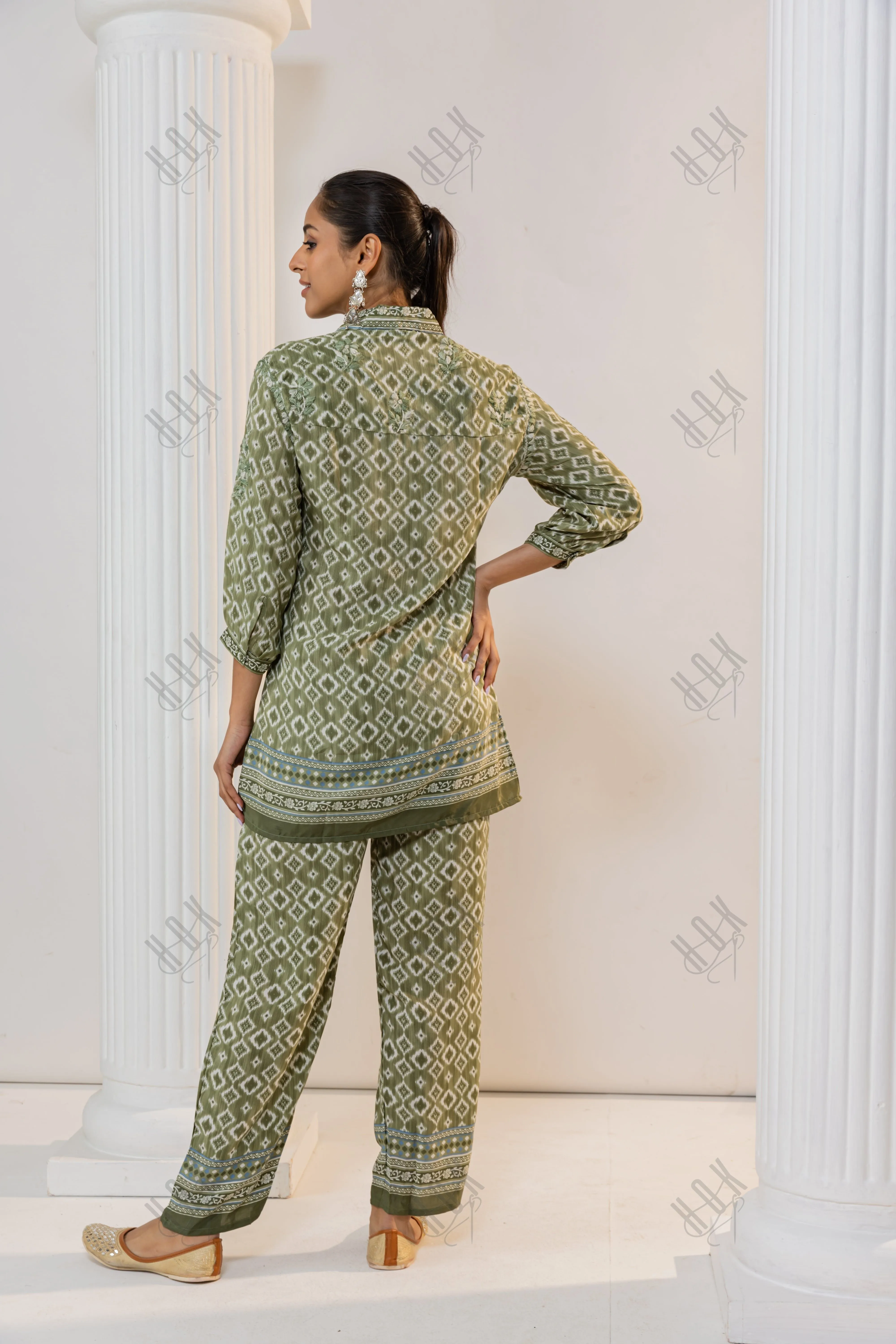 Fizaa Green Silk Print Set with White Hand Embroidery