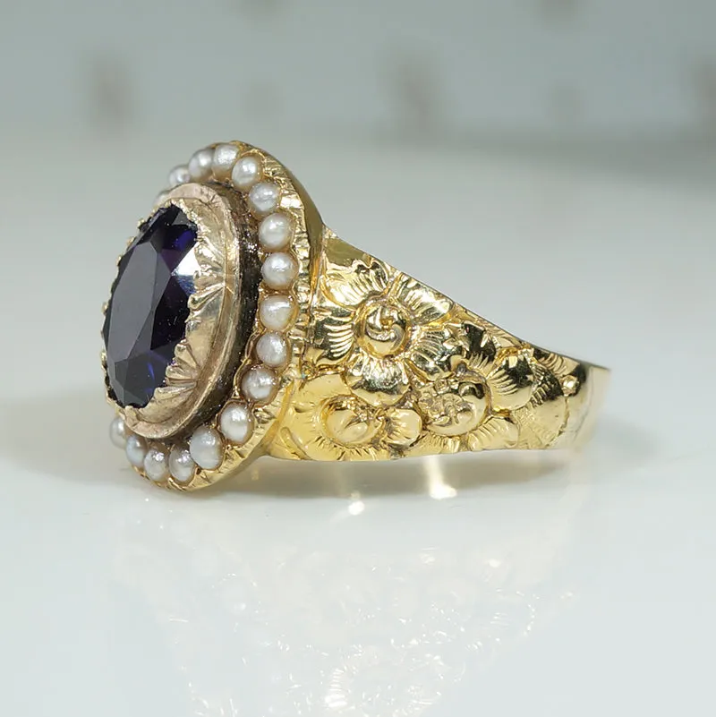 Georgian Golden Flowers, Amethyst & Pearl Ring