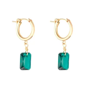 Gold Filled 11mm Emerald Cut Green Crystal Clip Hoop Earrings