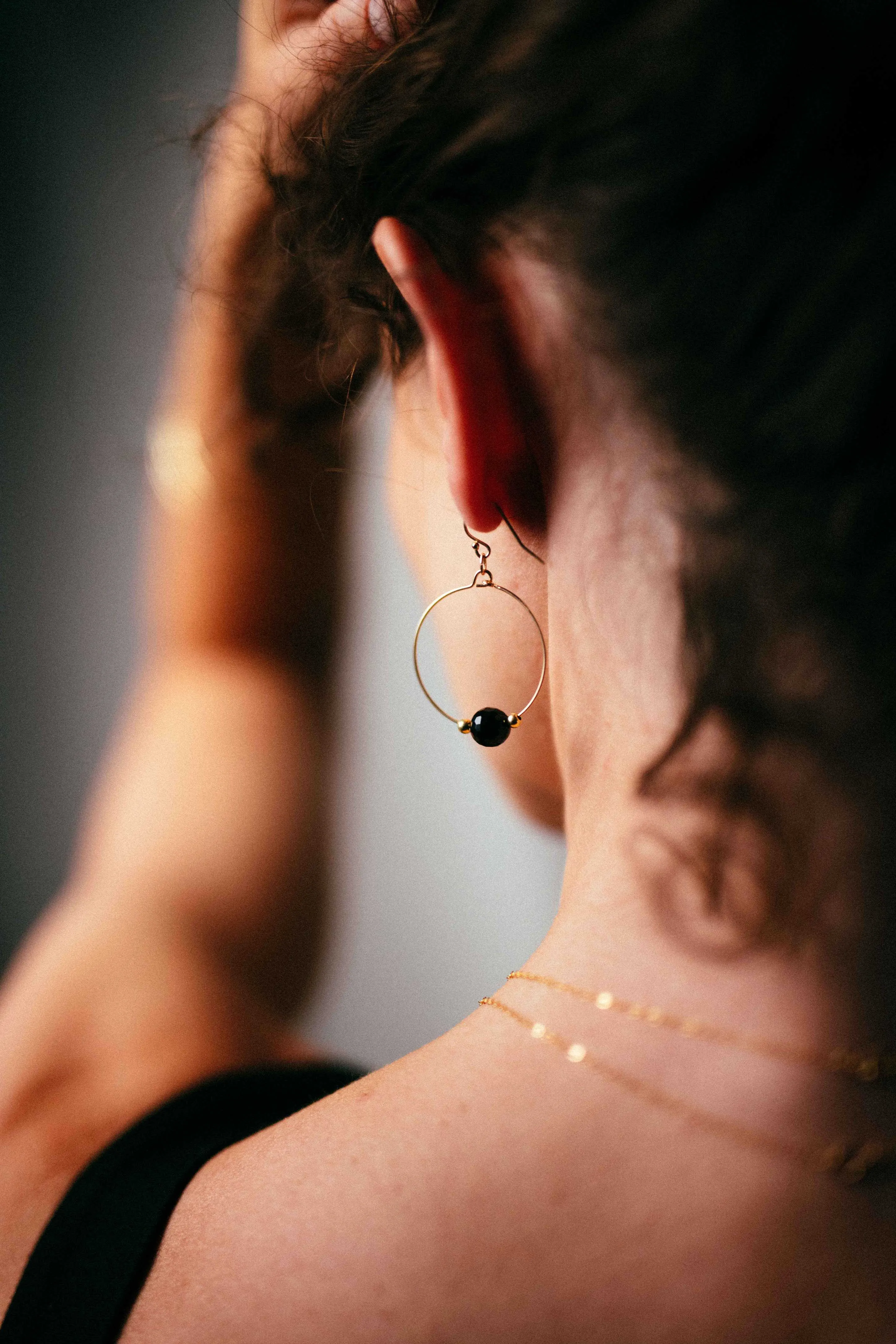 Gold Filled Black Agate Small Hoop Earrings