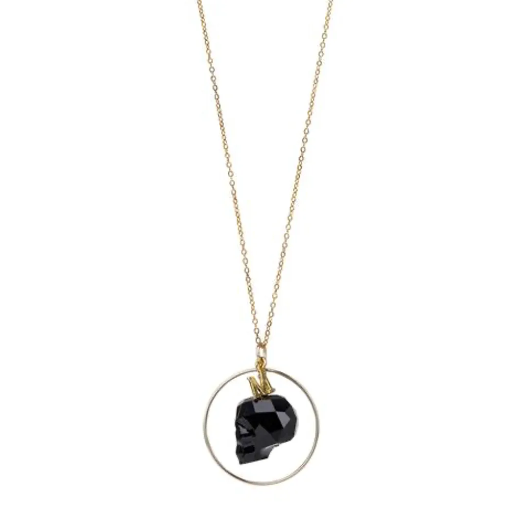 Gold Filled Black Crystal Skull Long Pendant Necklace