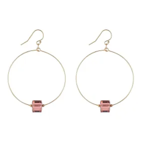 Gold Filled Pink Crystal Cube Large Hoop Earrings