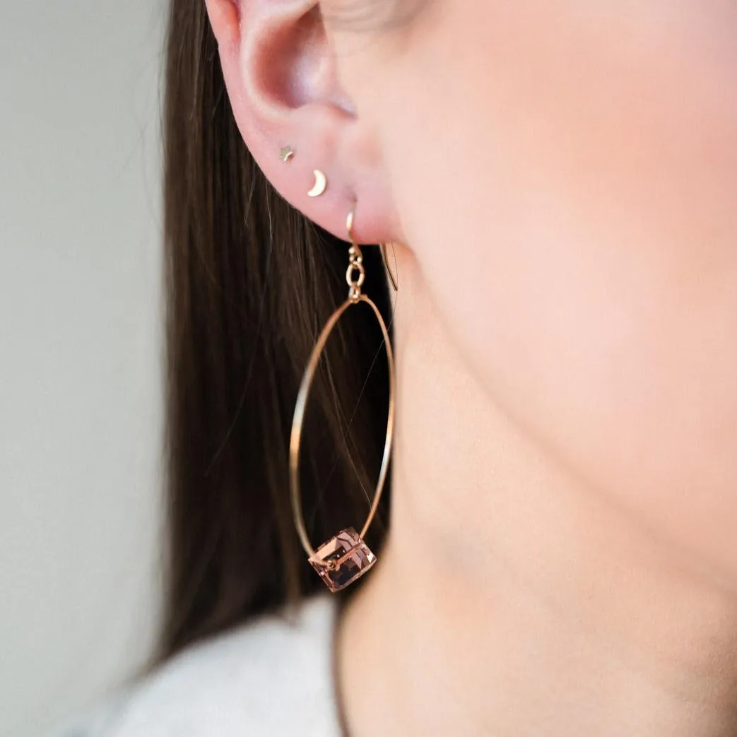 Gold Filled Pink Crystal Cube Large Hoop Earrings