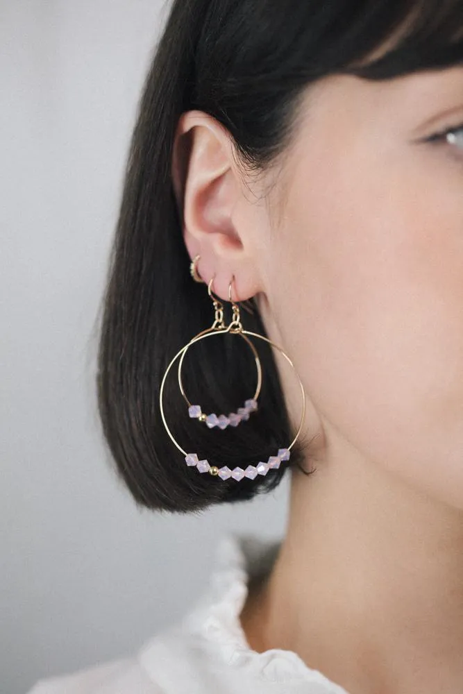 Gold Filled Pink Crystal Row Hoop Earrings