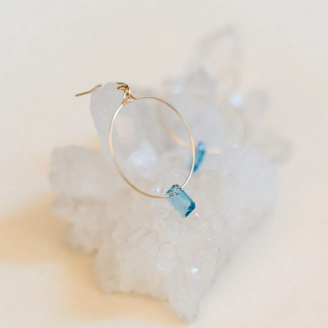 Gold Filled Rectangle Aquamarine Crystal Hoop Earrings