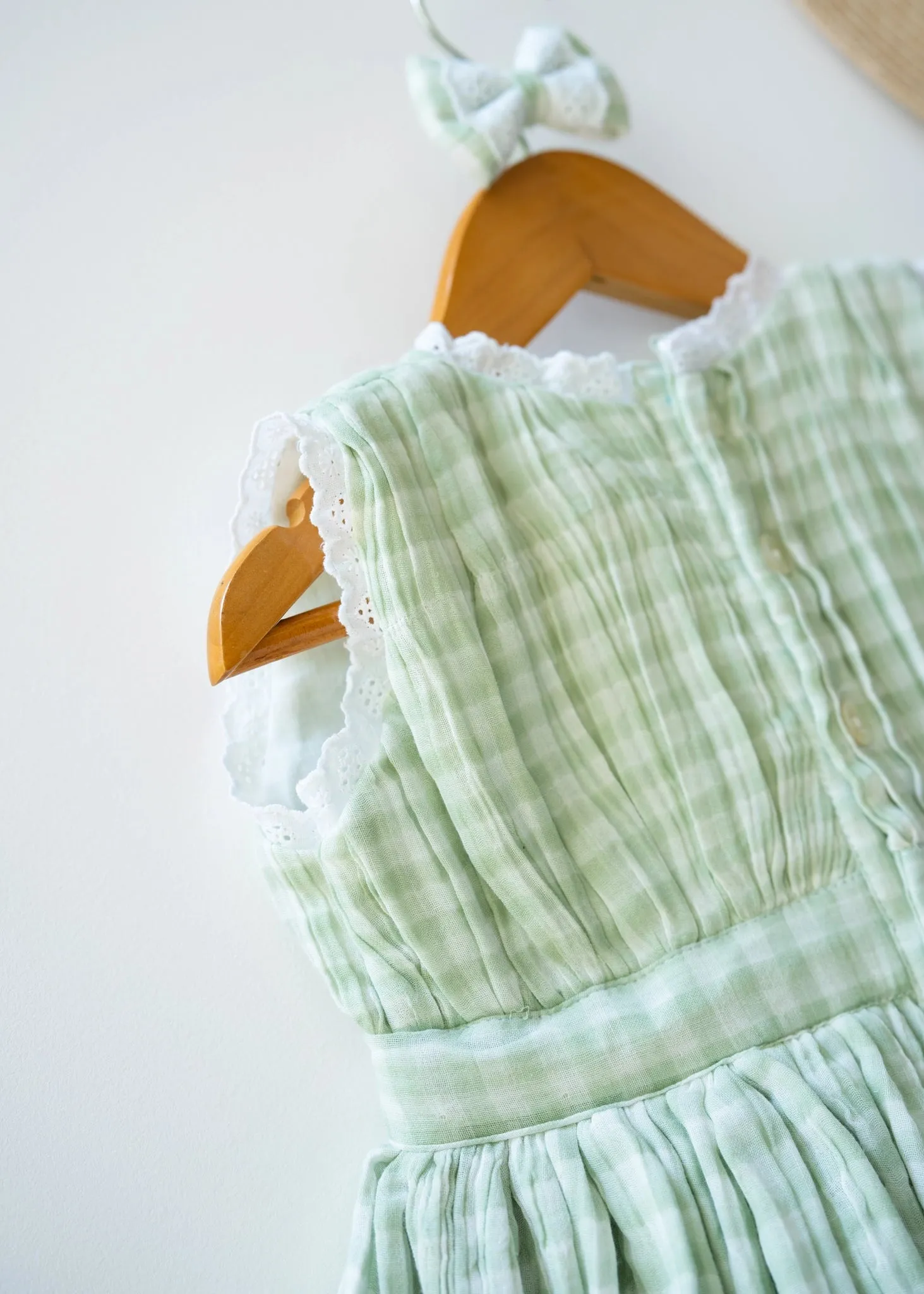 Green Check Lace Dress for Girls | Muslin Cotton