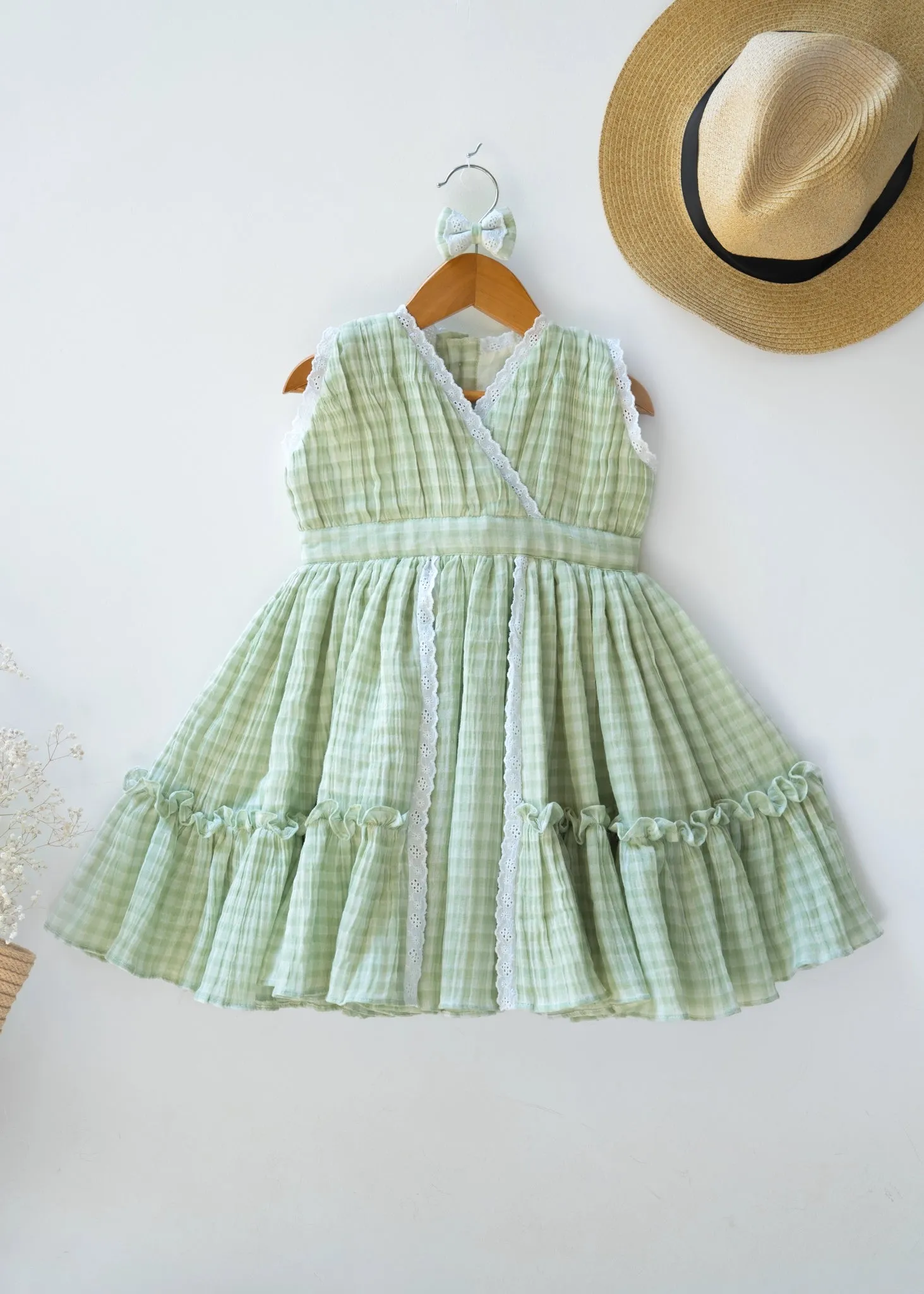 Green Check Lace Dress for Girls | Muslin Cotton