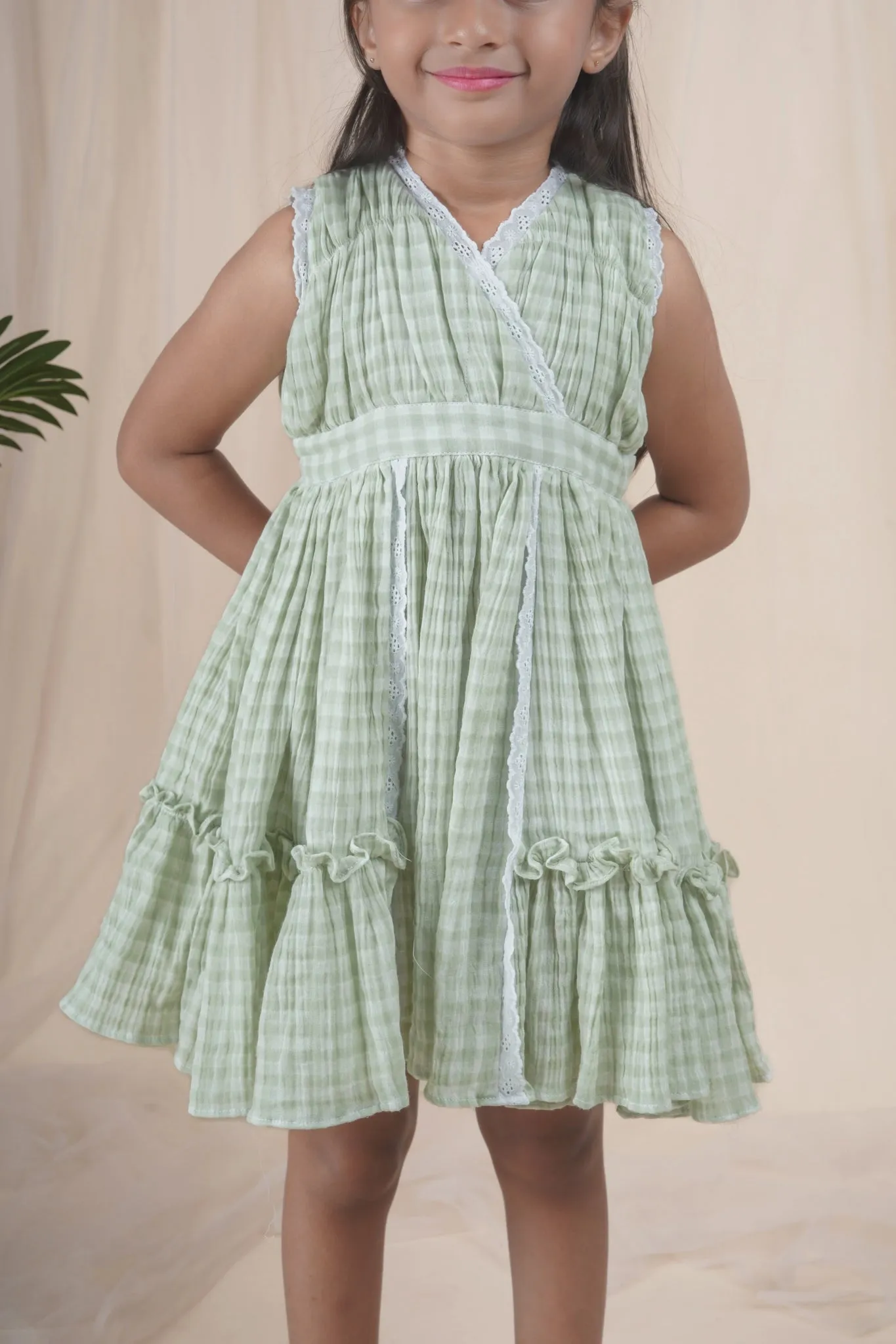 Green Check Lace Dress for Girls | Muslin Cotton