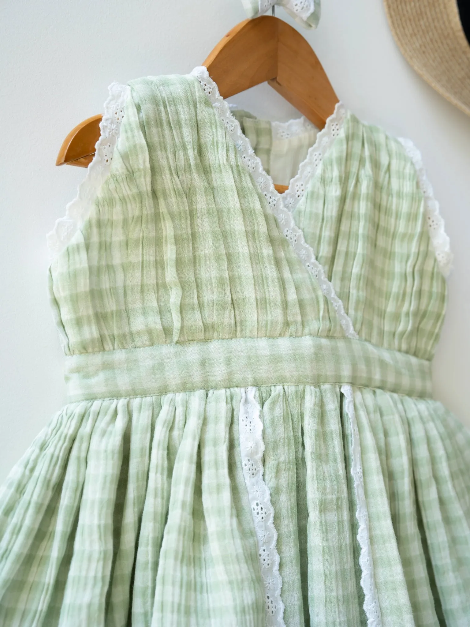 Green Check Lace Dress for Girls | Muslin Cotton