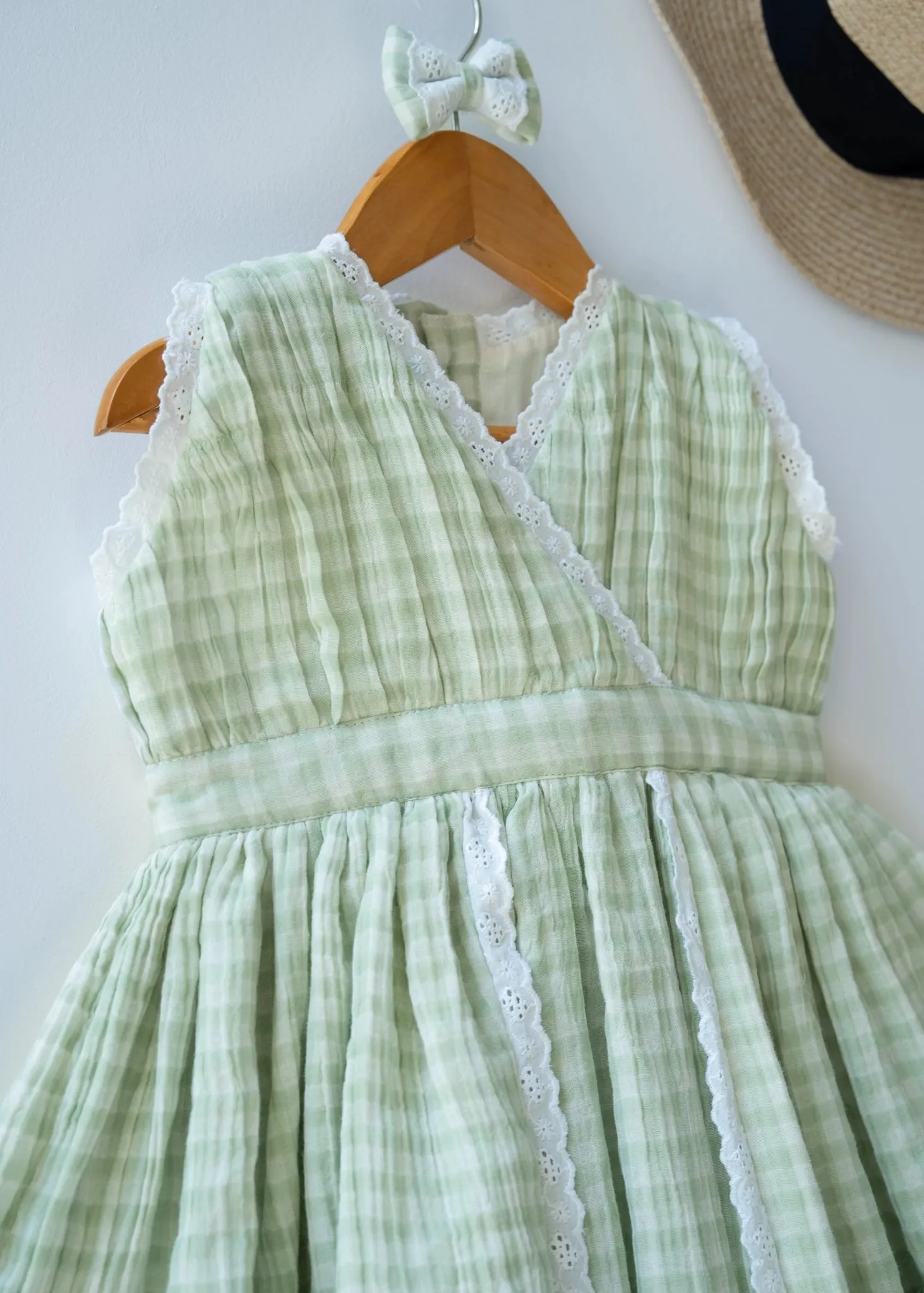 Green Check Lace Dress for Girls | Muslin Cotton