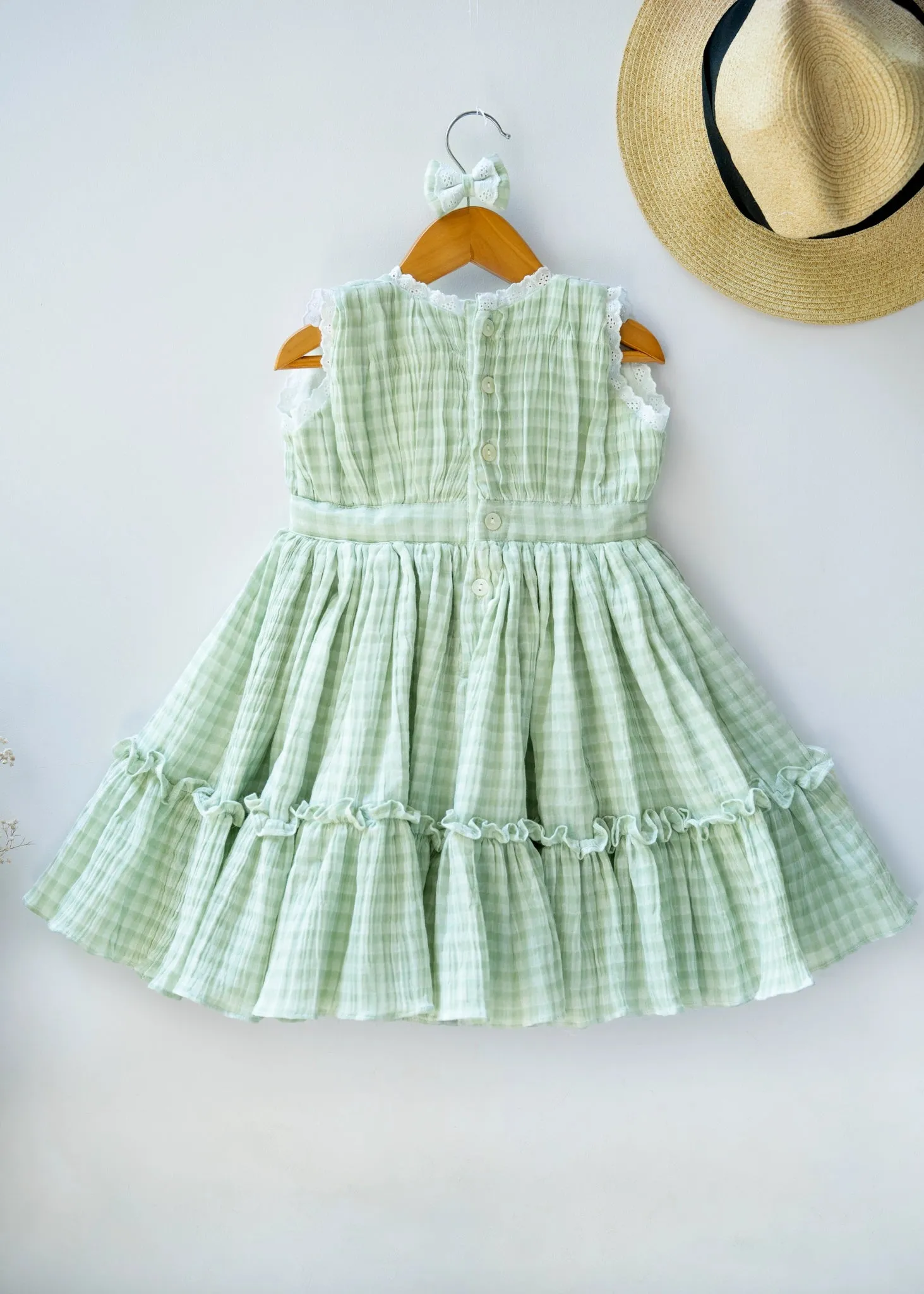 Green Check Lace Dress for Girls | Muslin Cotton