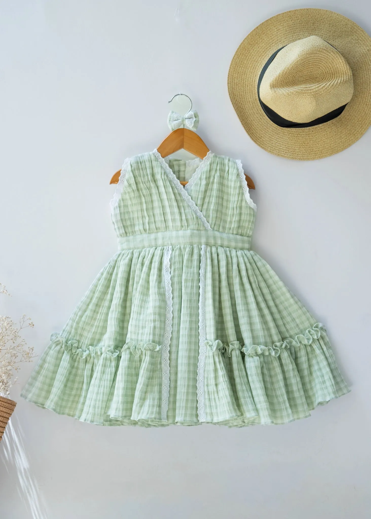 Green Check Lace Dress for Girls | Muslin Cotton