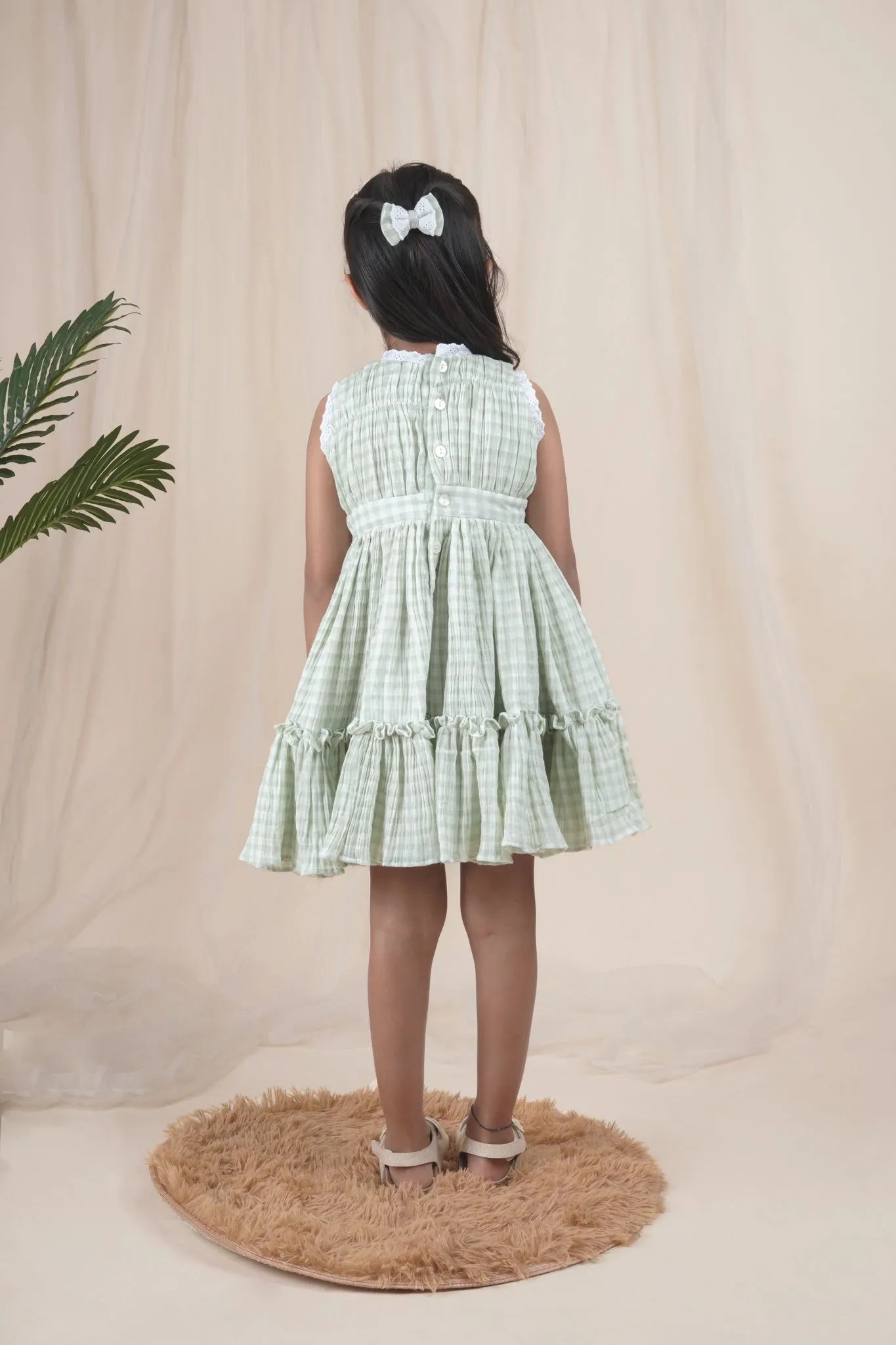 Green Check Lace Dress for Girls | Muslin Cotton