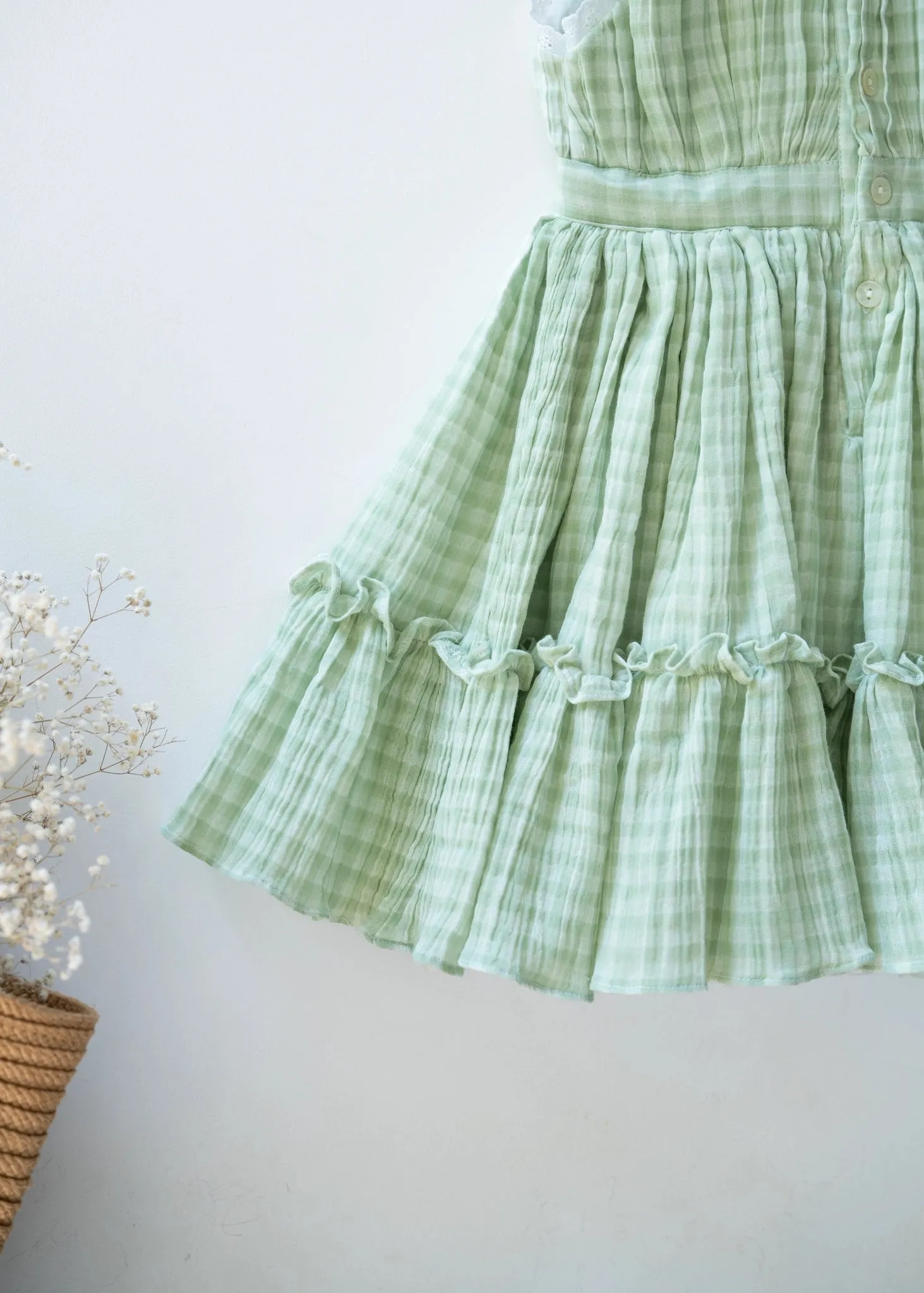 Green Check Lace Dress for Girls | Muslin Cotton