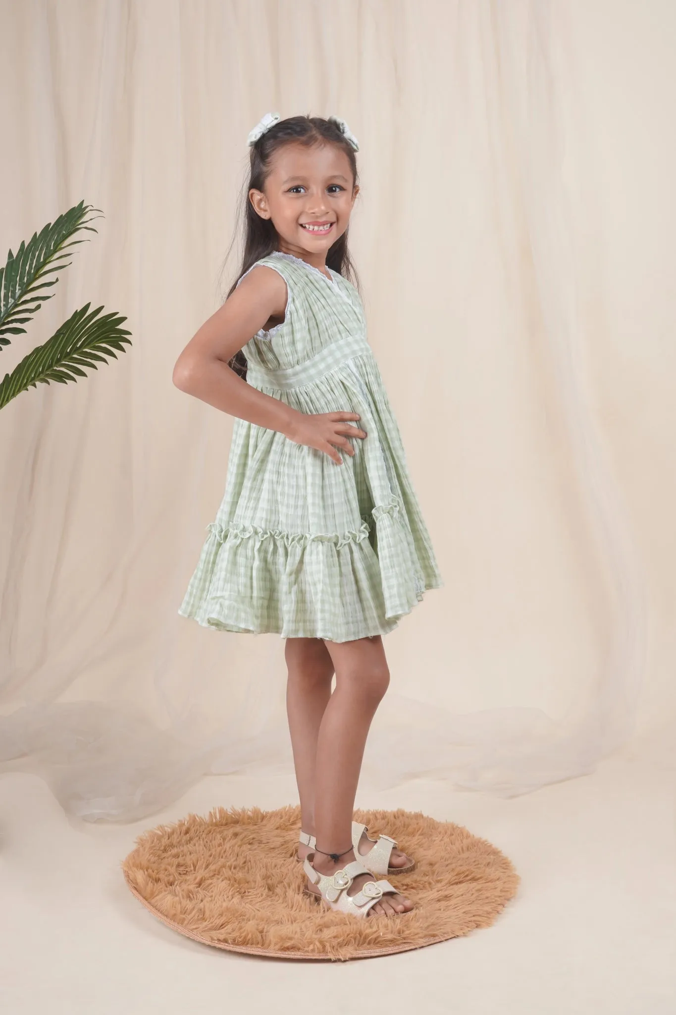 Green Check Lace Dress for Girls | Muslin Cotton