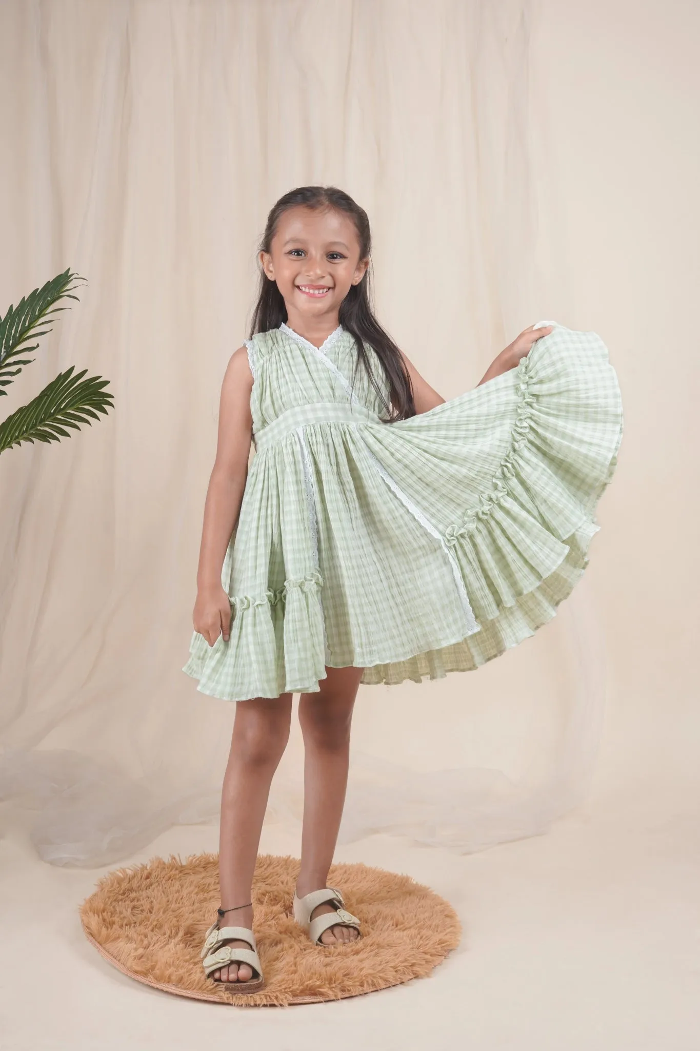 Green Check Lace Dress for Girls | Muslin Cotton