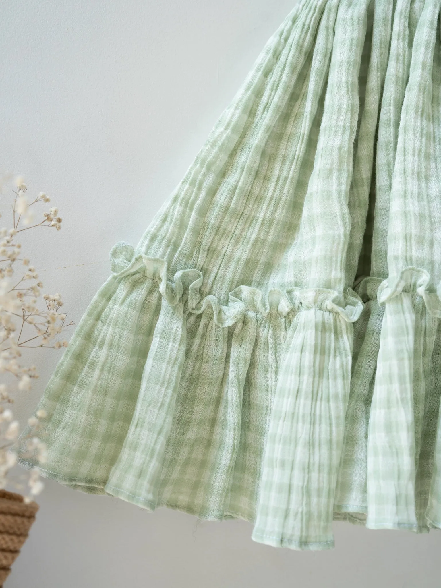 Green Check Lace Dress for Girls | Muslin Cotton