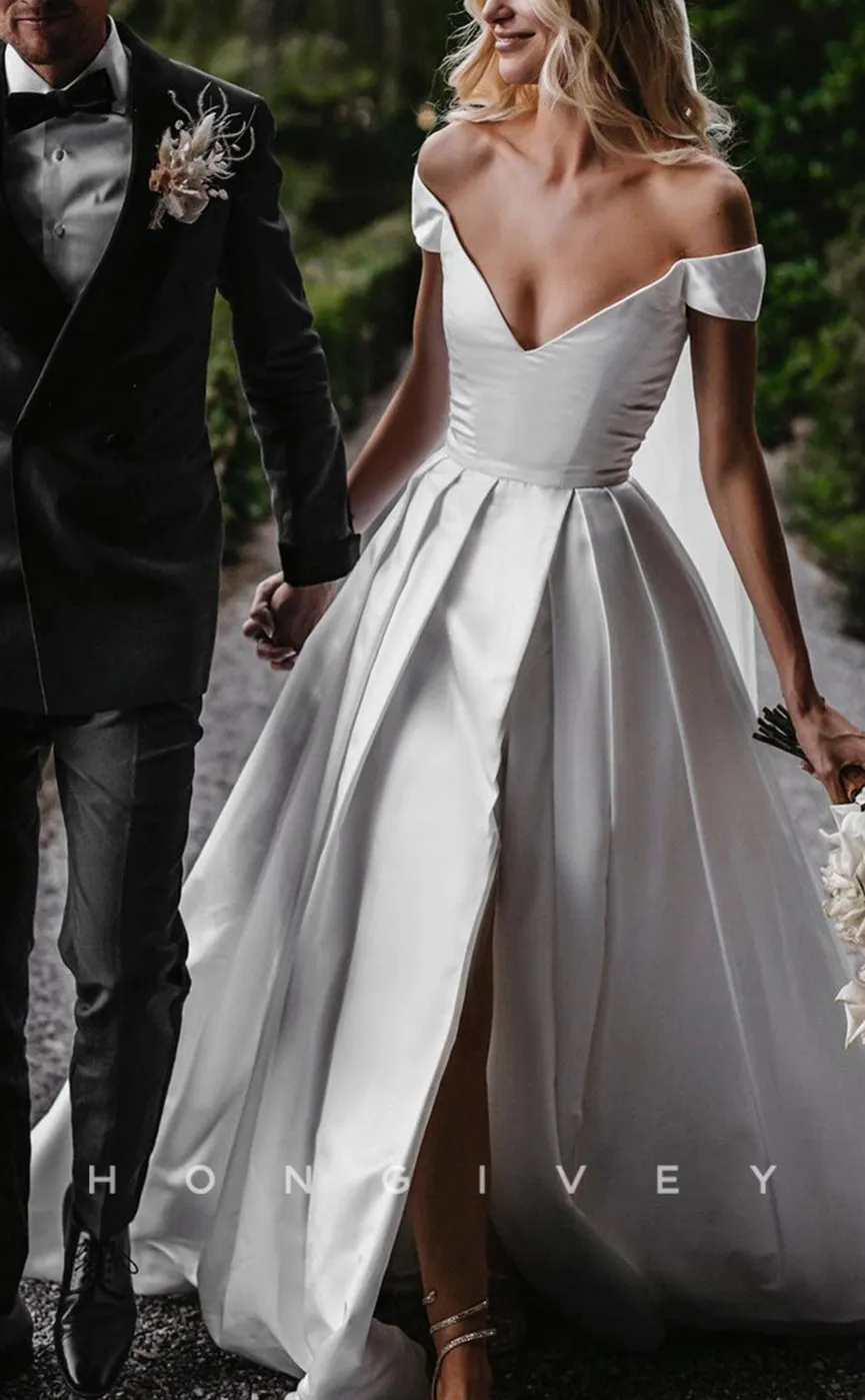 H0917 - Courture Simple V-Neck Ruched With Train And Slit Long Wedding Dress