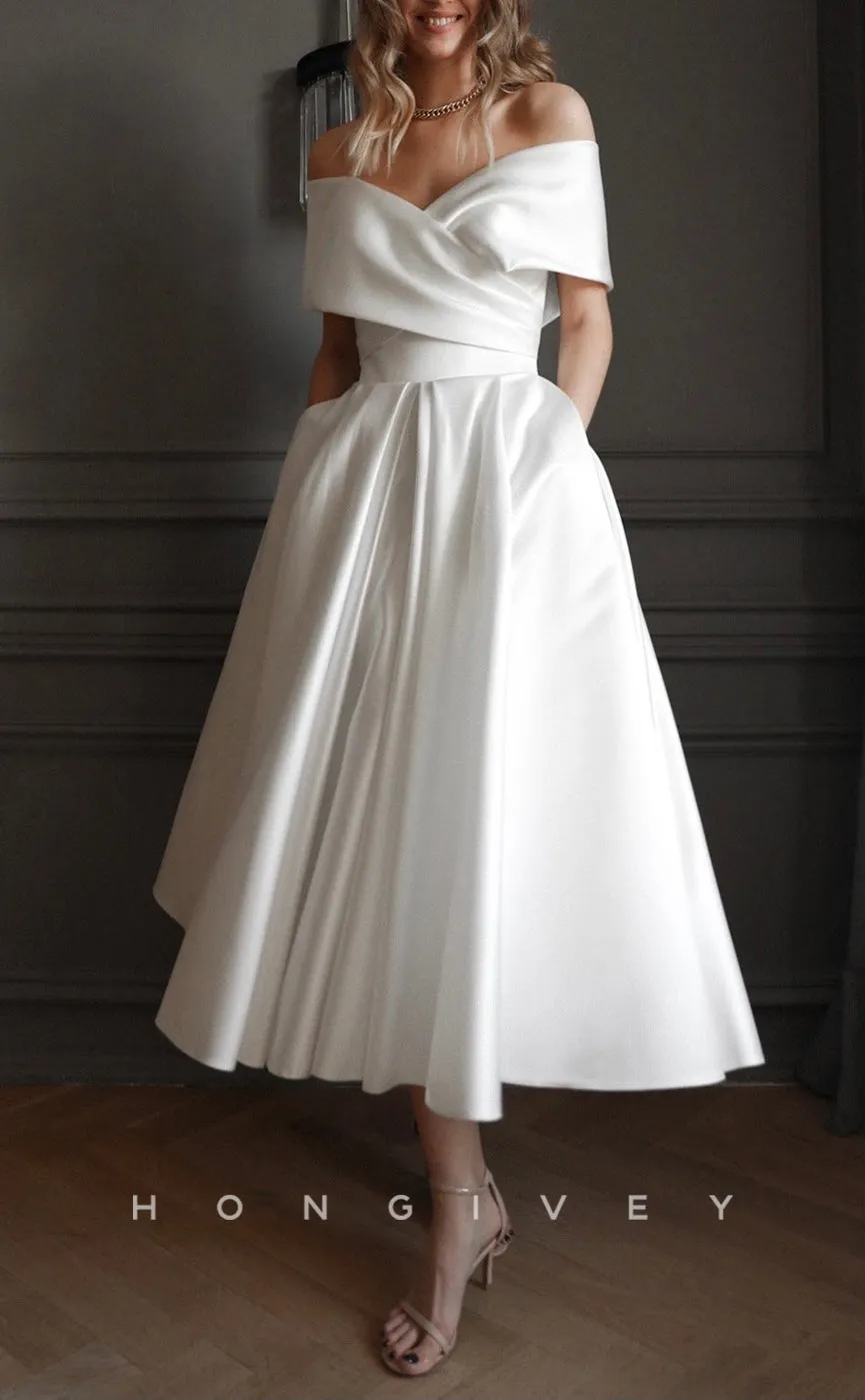 H1116 - Elegant Satin A-Line Off-Shoulder Empire Ruched Wedding Dress