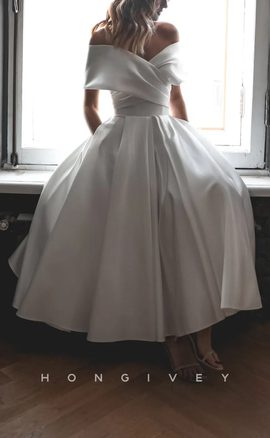 H1116 - Elegant Satin A-Line Off-Shoulder Empire Ruched Wedding Dress