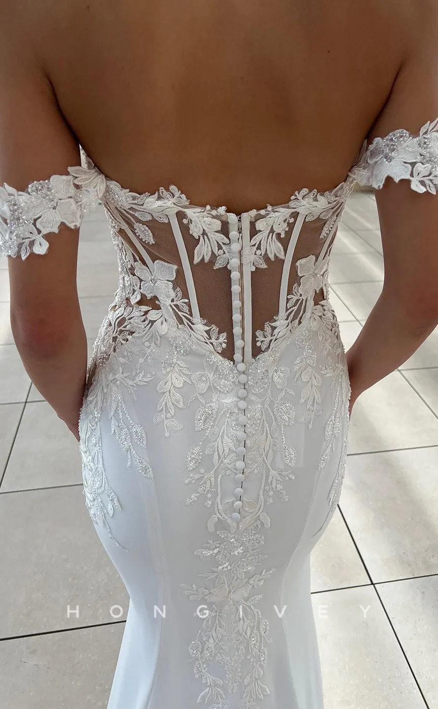 H1184 - Sexy Satin Trumpt Off-Shoulder Illusion Empire Appliques With Train Boho/Beach Wedding Dress