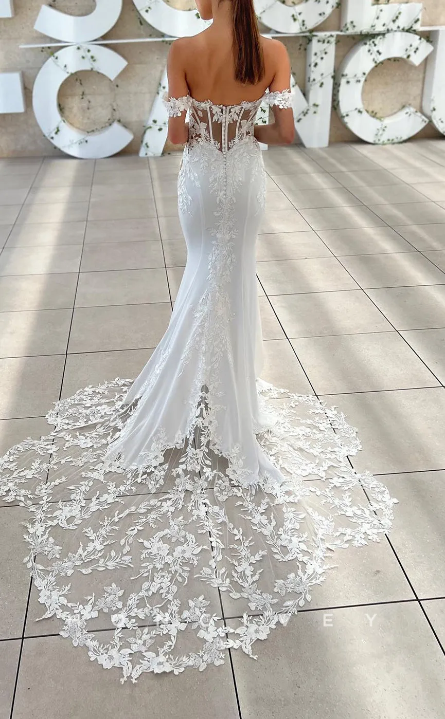 H1184 - Sexy Satin Trumpt Off-Shoulder Illusion Empire Appliques With Train Boho/Beach Wedding Dress