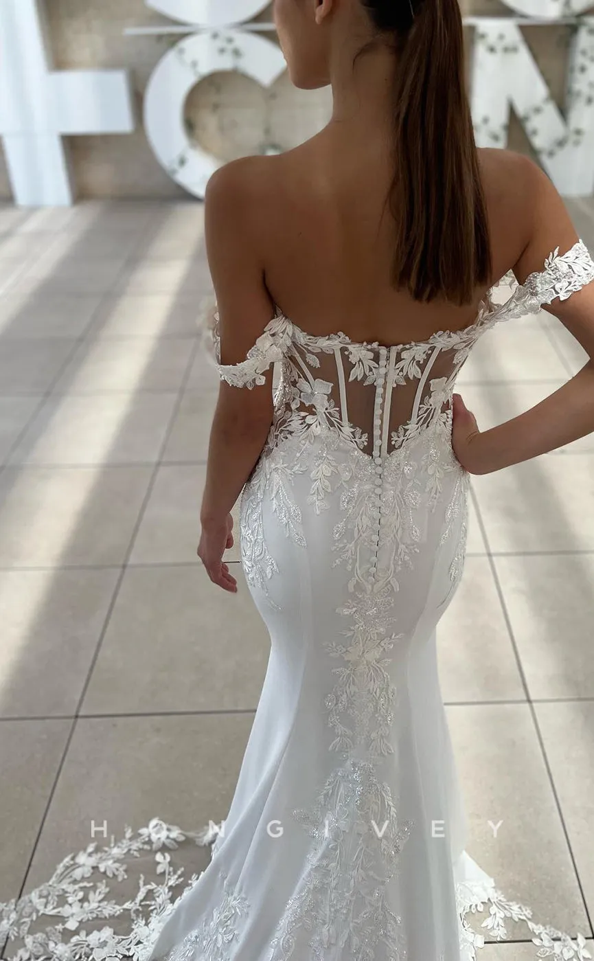 H1184 - Sexy Satin Trumpt Off-Shoulder Illusion Empire Appliques With Train Boho/Beach Wedding Dress