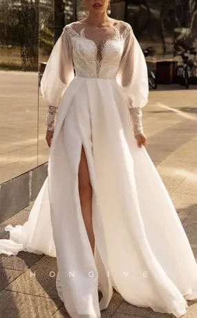 H1252 - Sexy satin A-Line Scoop Empire Long Sleeve Beaded Sequined With Side Slit Boho Wedding Dress