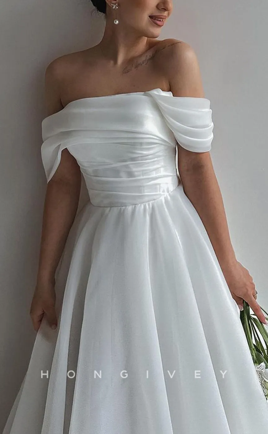 H1273 - Sexy Satin A-Line Asymmetrical Off-Shoulder Empire Pleats Lace-Up With Train Wedding Dress