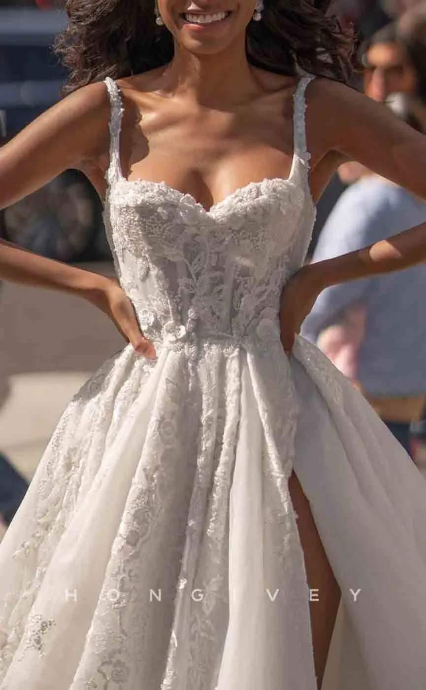 H1295 - Sexy A-Line Sweetheart Spaghetti Straps Empire Appliques With Side Slit Wedding Dress