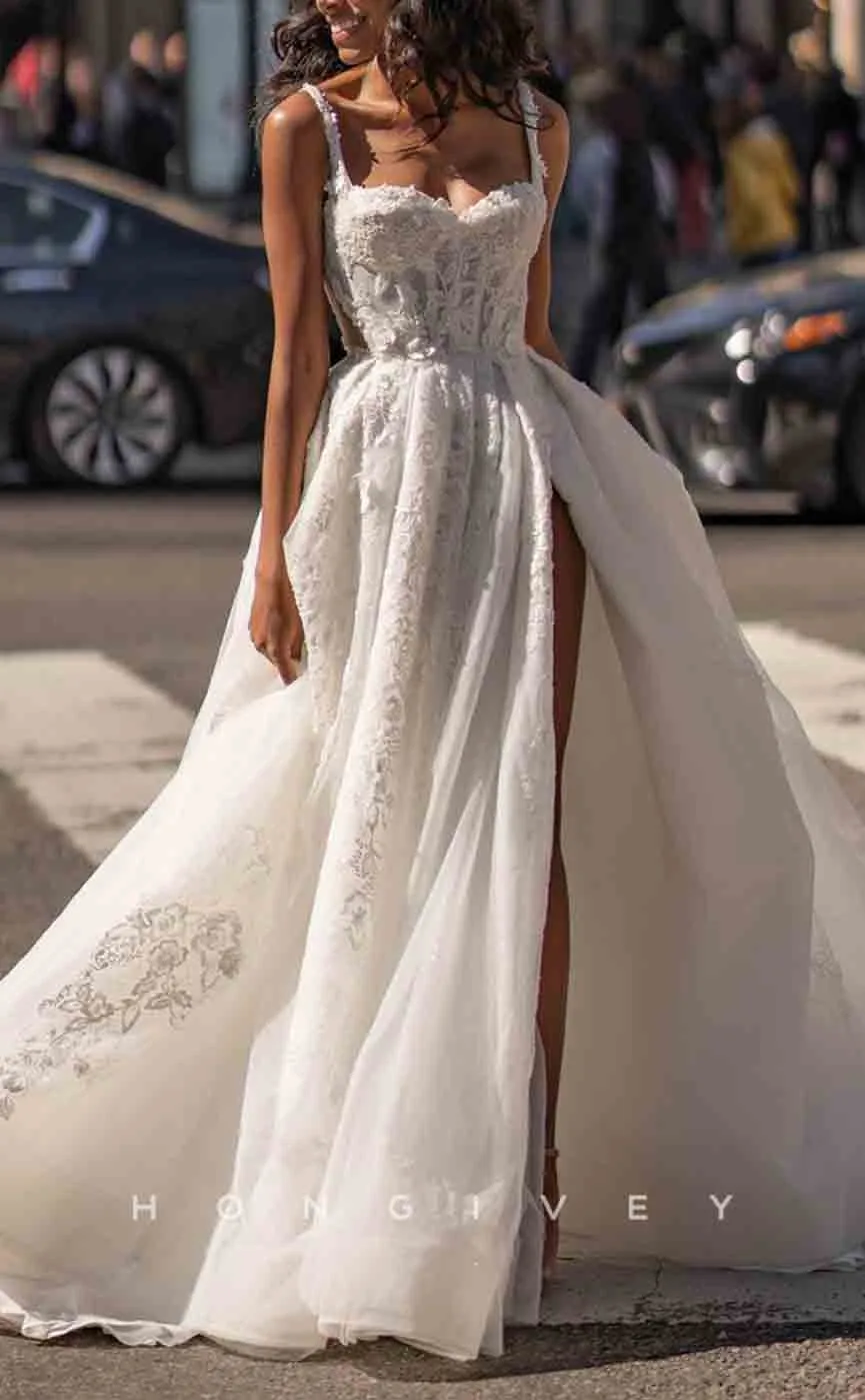 H1295 - Sexy A-Line Sweetheart Spaghetti Straps Empire Appliques With Side Slit Wedding Dress