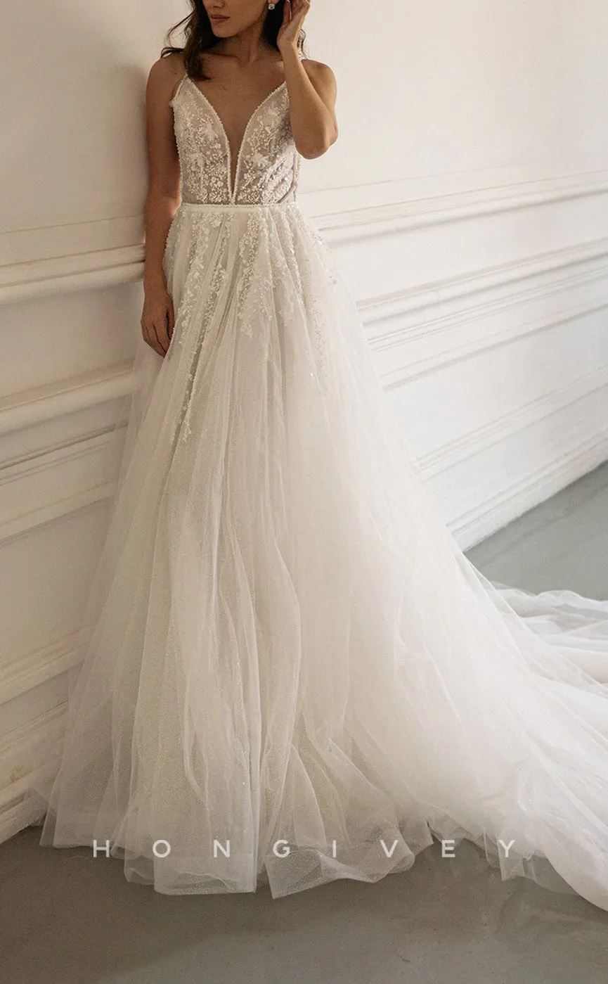 H1299 - Sexy Tulle A-Line V-Neck Spaghetti Straps Empire Beaded Appliques With Train Wedding Dress