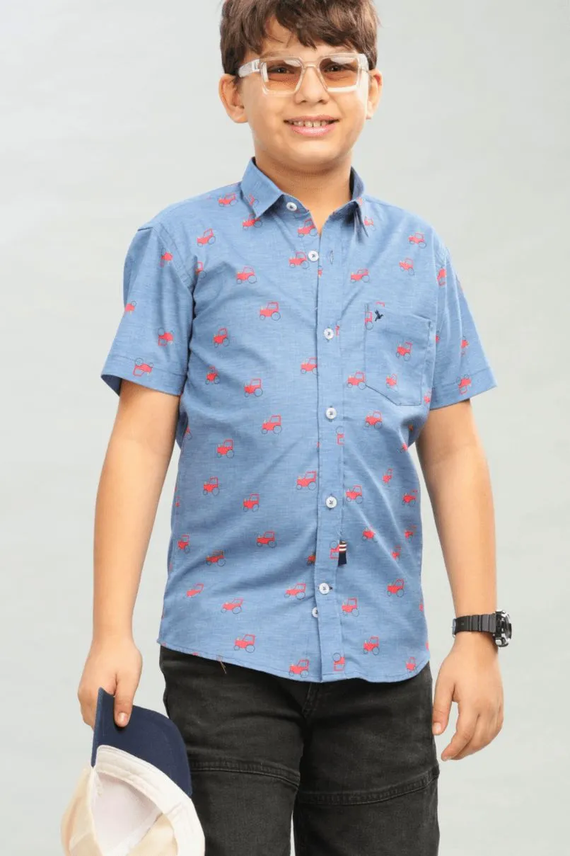 KIDS - Blue Tractor Print - Half-Stain Proof Shirt