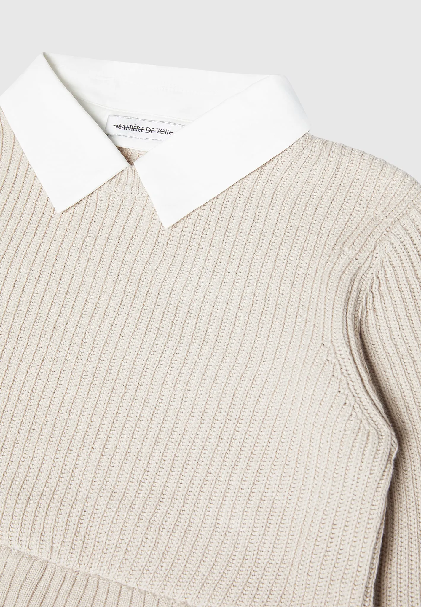 Knitted Jumper with Shirt Detail - White/Beige