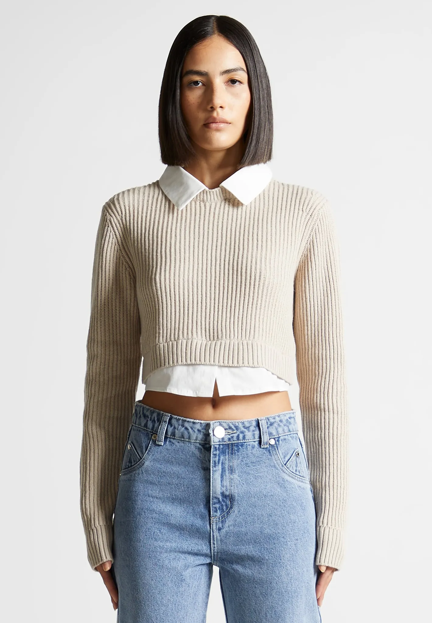 Knitted Jumper with Shirt Detail - White/Beige