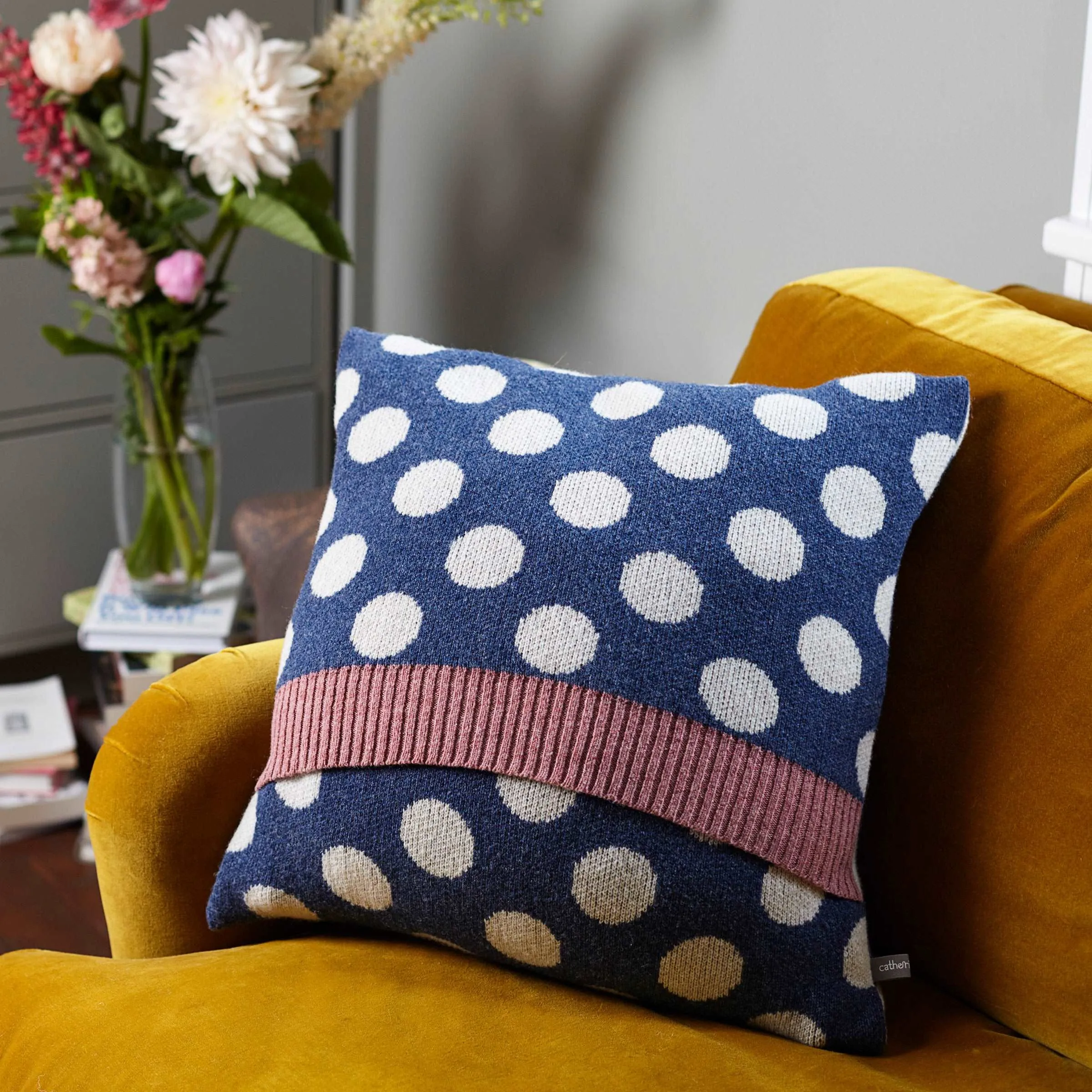 Knitted Lambswool  Denim & Oatmeal Big Spot Cushion